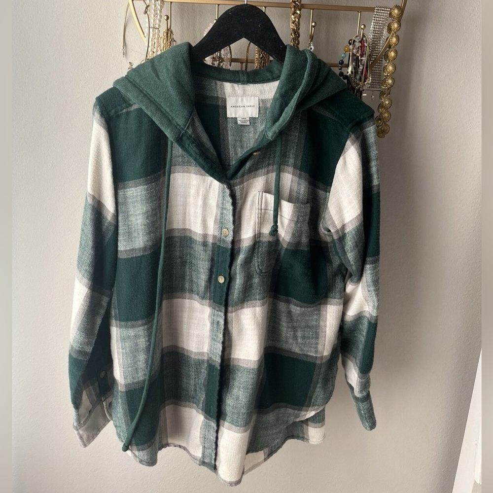 American Eagle Shirt Womens Hooded Flannel Green Plaid Hoodie